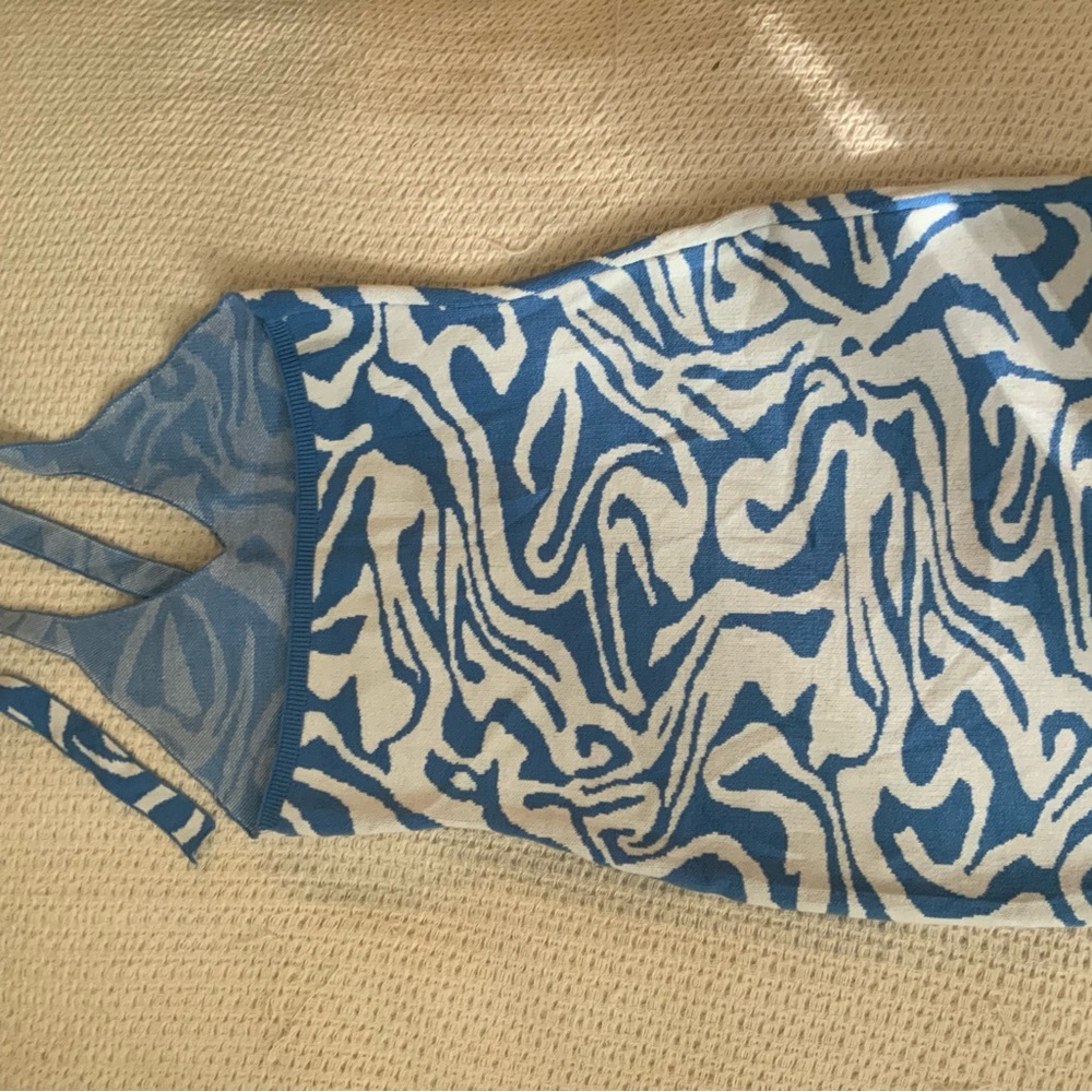 New with tags Cider Blue & White Swirl Knit 70s Vintage Style Mini Halter Dress - Picture 5 of 8